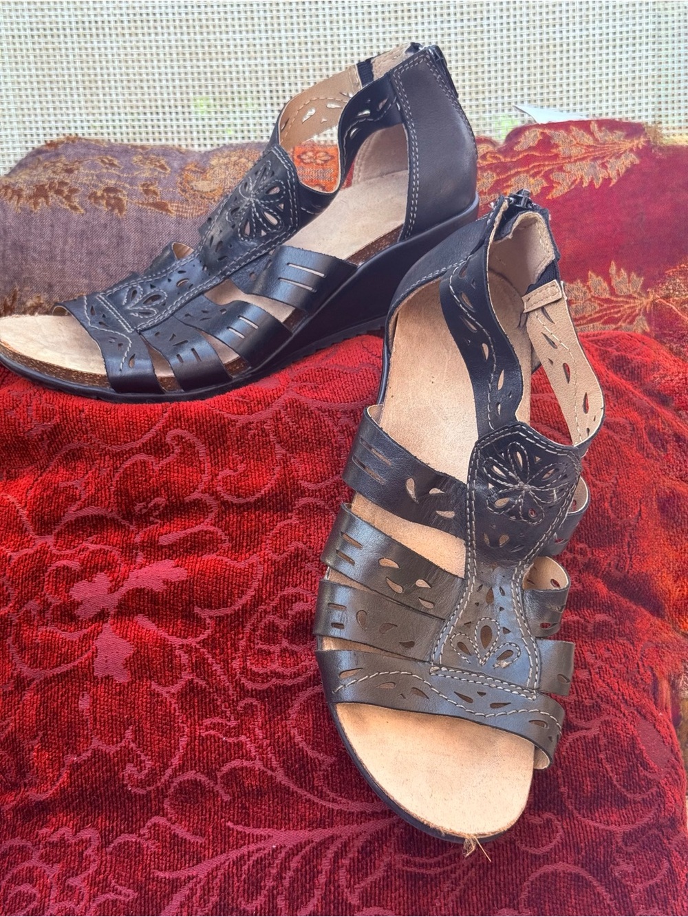 Earth Origins Black Leather Cutout Wedge Sandals